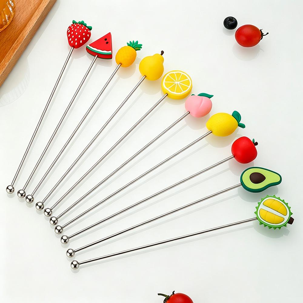 4Pcs Silicone Fruits Head Stainless Steel Stirring Rod Long Handle Cocktail Drink Mixing Sticks Mixer Barware Muddler Bar Accessories