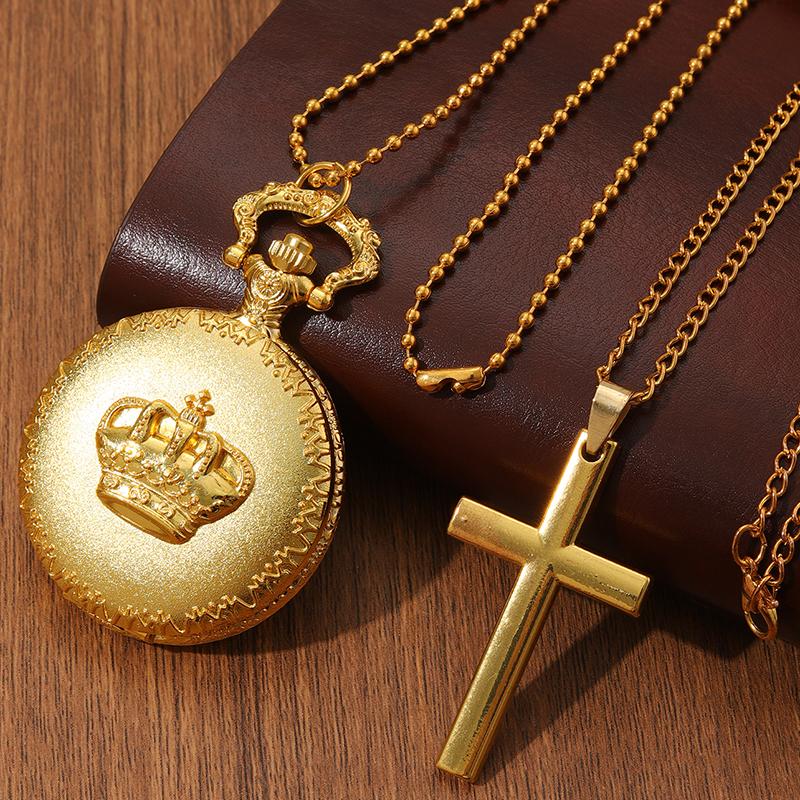 

2 шт./компл., Роскошные мужские классические карманные часы, Модные женские мужские часы-кулон на цепочке, Кварцевые карманные часы и 1 шт. мужское золотое ожерелье с крестом, Идеально для подарков