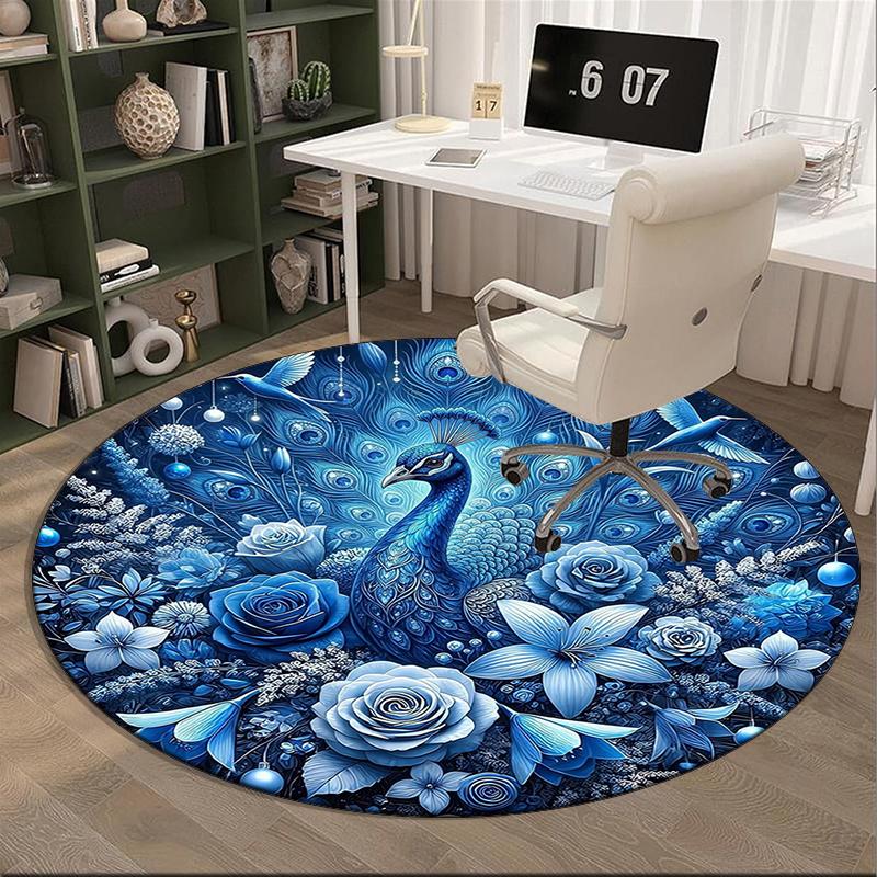Blue Peacock Floral Art Round Carpet Chair Cushion Round Entryway Rug, Soft Round Rugs for Living Room, Bedroom, Circle Carpet Decor Gifts