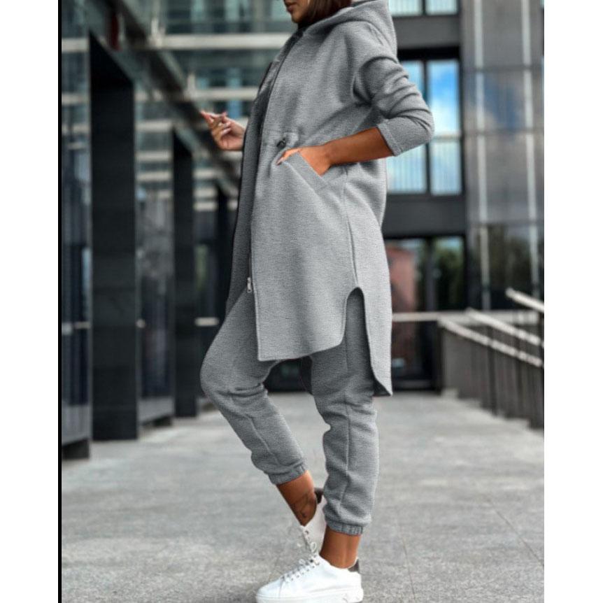 Women's Hooded Zipper Irregular Large Coat Mid Waist Pencil Pants Two-Piece Suit Autumn Winter Solid Color Printing Suit