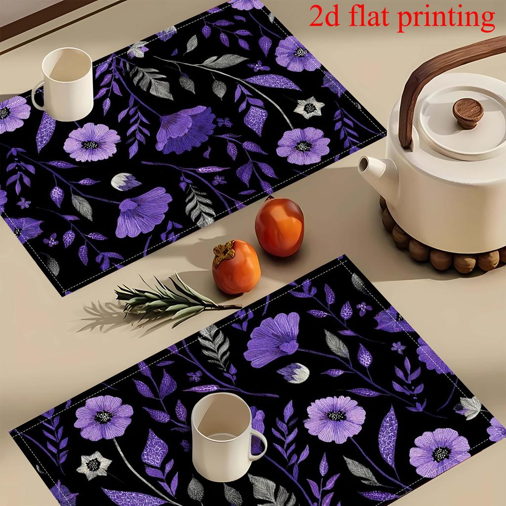 4pcs 2D FLAT Digital Print Placemats, Purple Floral Branch and Leaf Pattern, Enhance the Beauty of Your Dining Area, Perfect for Coffee Tables, Dining