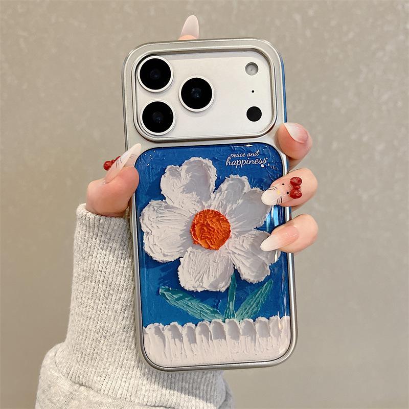 Floral Oil Painting Phone Case for iPhone 17/16 Pro Max/15/14 - Fresh Light Blue Design