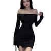 One-word Shoulder Dress, Female Slim Body with Diamonds, Long Sleeves, Irregular Hip-wrapped Short Skirt, Early Autumn New Black Skirt