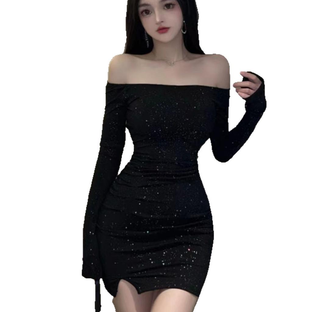 One-word Shoulder Dress, Female Slim Body with Diamonds, Long Sleeves, Irregular Hip-wrapped Short Skirt, Early Autumn New Black Skirt