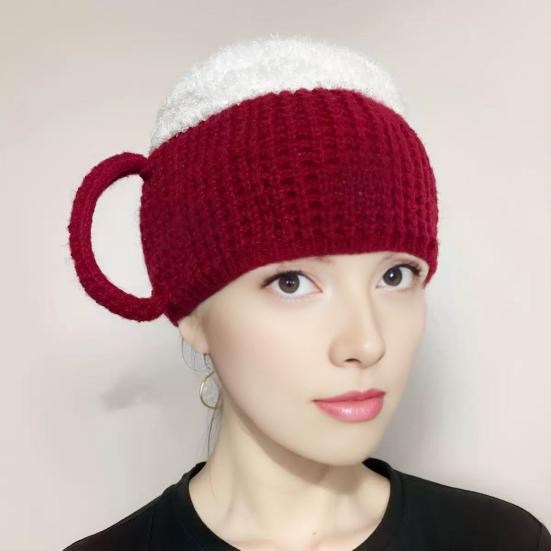 Beer Mug Leg Warmers Funny Hat, Novelty Knitted Unique 3D Cup Headwear with Handles, Winter Warm Gloves for Adults, Men And Women Cozy Thanksgiving