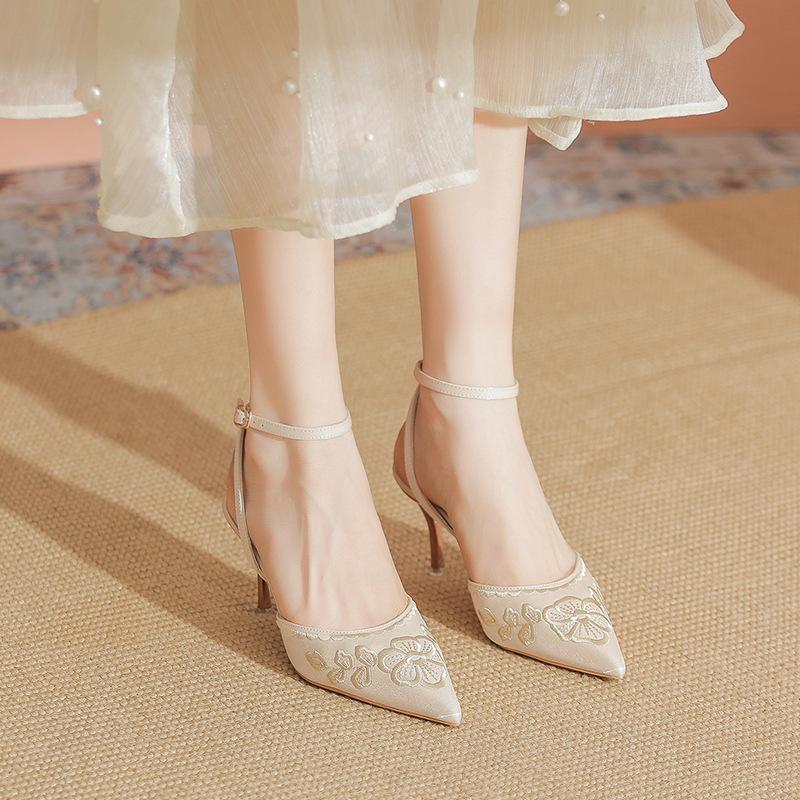 White high heels new summer with skirt pointed thick heel fairy wind bag head sandals