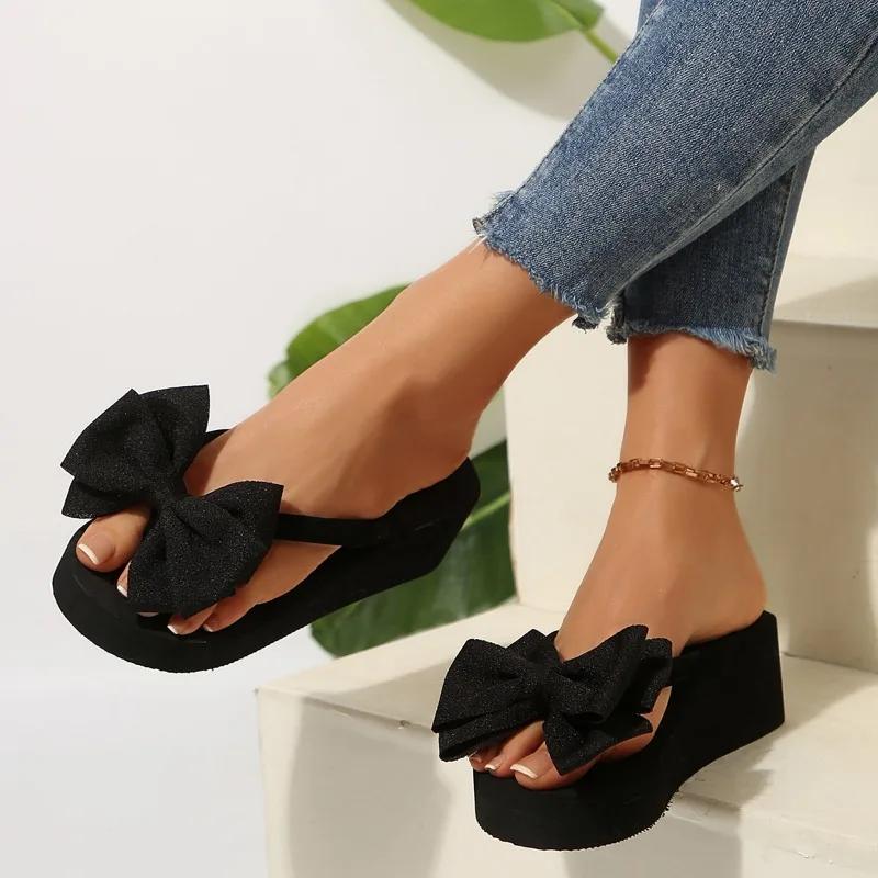 Fashion Women's Shoes 2025 New Pinch Toe Women's Slippers Fashion Butterfly-knot Beach Slippers Women Summer Plus Size Wedge Slippers