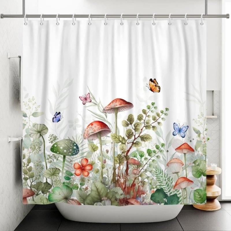 Mushroom And Butterfly Shower Curtain Forest Nature Art Bathroom Decor Whimsical Garden Design Waterproof Bath Curtain