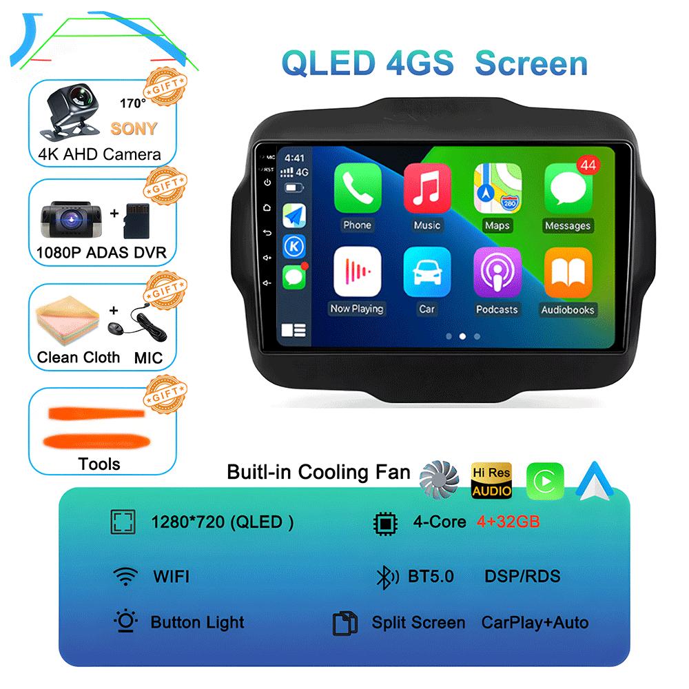 Car Radio Android 14 Carplay For Jeep Renegade 2016 2017 2018 2019 2020 Navigation GPS Multimedia Player Stereo WiF+4G 360Camera