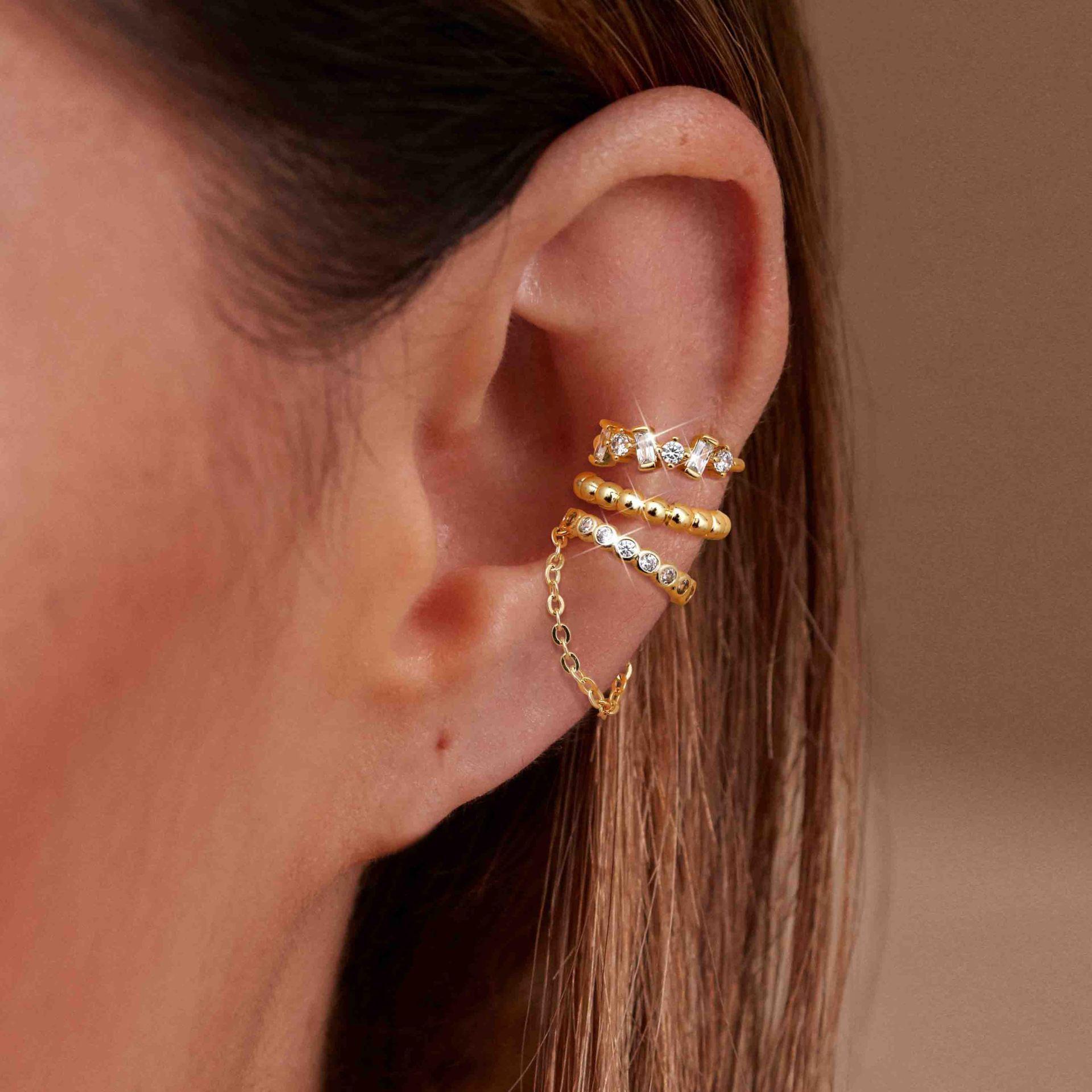 

3pcs Dainty Zircon Ear Clip Set for Women Fashion Chain Type Non Piercing Gold Plated Ear Cuff Vacation Jewelry Banquet Gift New