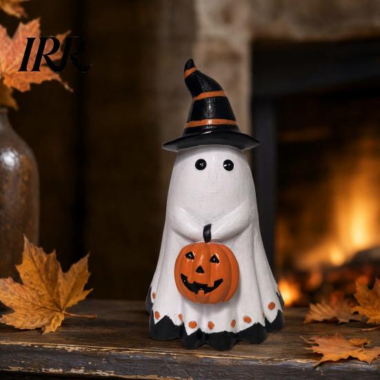 Outdoor Halloween Decoration Ghost Figurine, Cute Wearing Hat And Holding Holiday Vibes Decor Pumpkin Statue, Resin Ornament for Shelf Tabletop