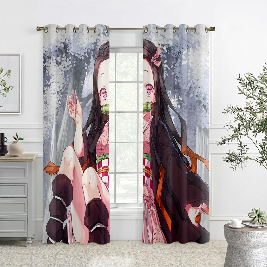2PCS Japan's Popular Anime Pattern Printed Curtains, Animation, Children's Room Pole Pocket Decorative Curtains