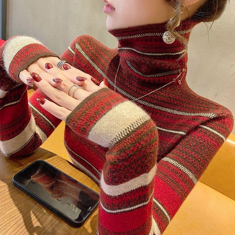 Autumn Winter 2024 Women Korean Fashion Striped High Collar Basic Knitted Sweater Vintage Elegant Long Sleeve Slim Pullover Tops
