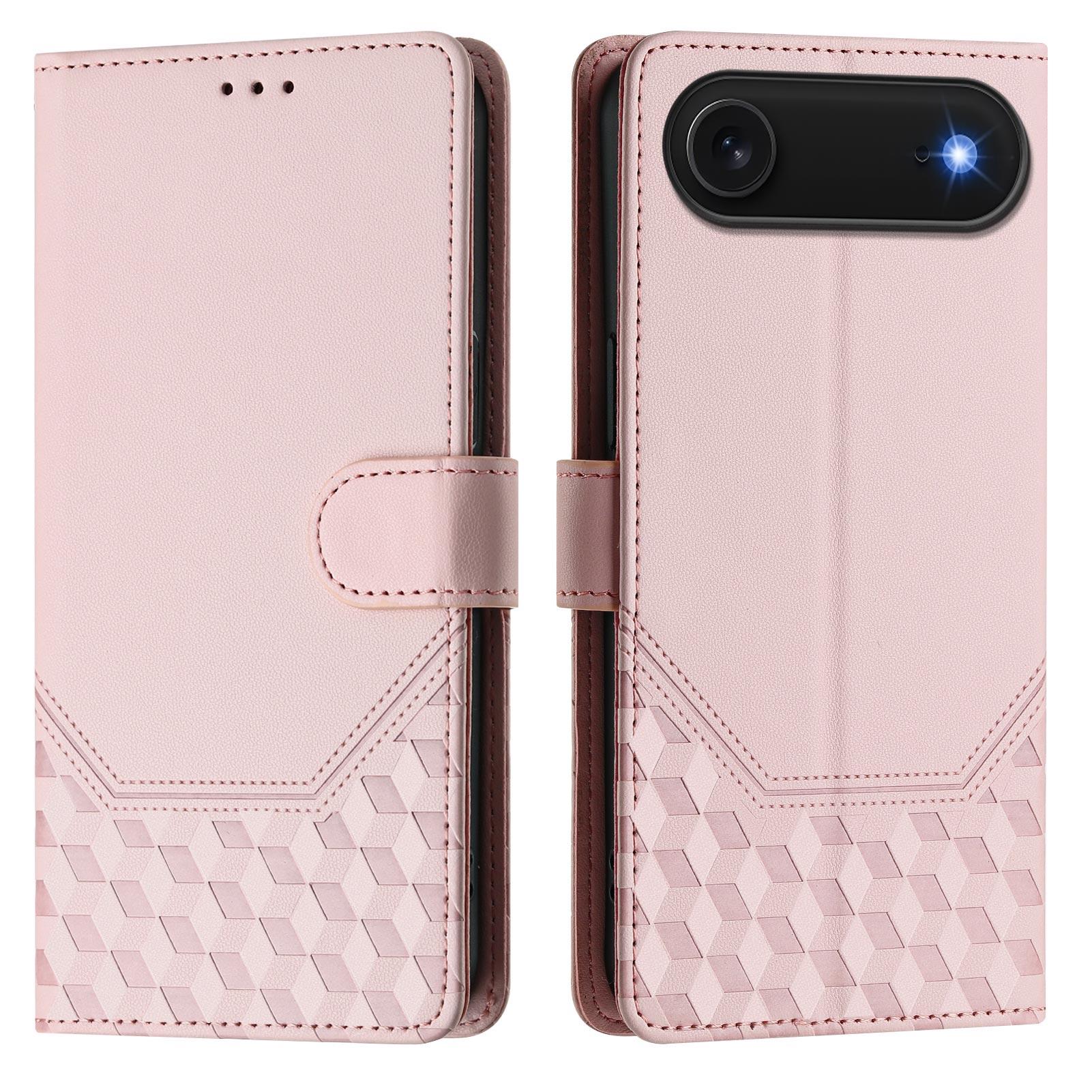 

For iPhone 17 Air Case Imprinted Honeycomb RFID Blocking Leather Phone Cover with Strap Pink