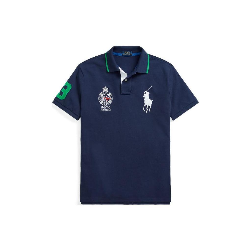 Polo Ralph Lauren Ss23 Pletený pulovr s vyšívaným logem krátký rukáv pánské polo tričko námořnická modrá MNPOKNI1N821202-410