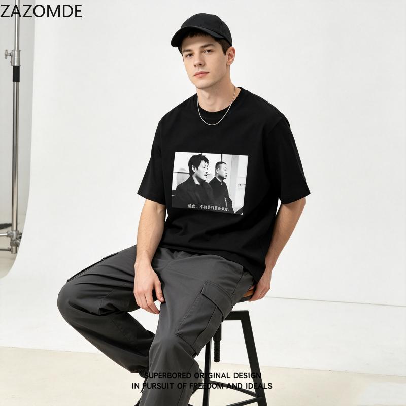 ZAZOMDE Minimalist Retro Monochrome Figure Graphic T Shirts Oversized Cotton Round Neck Short Sleeve Couple Daily Outfit Tops