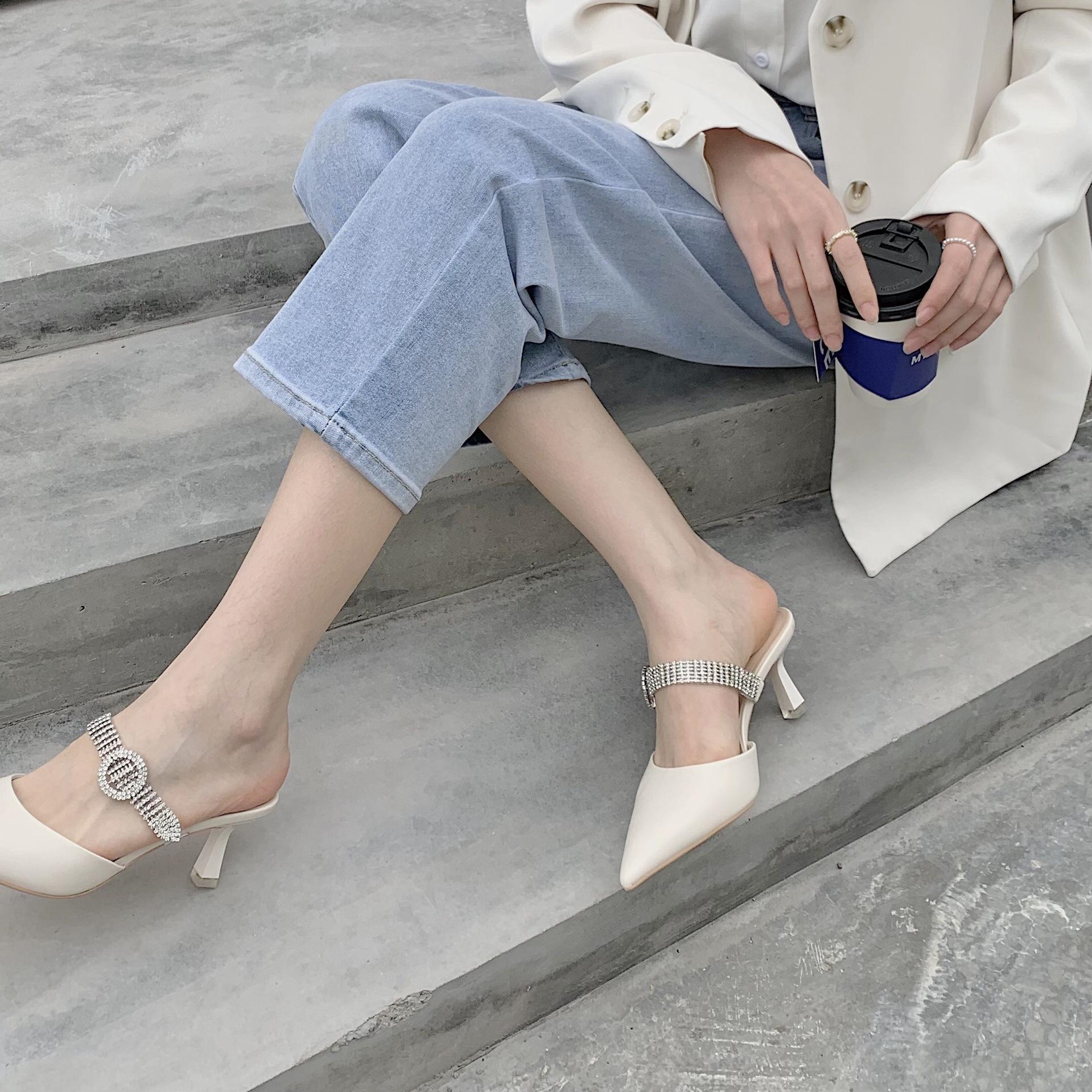 

Wholesale Single Shoes Stiletto Rhinestone French Women s Sandals Chain Pointed Toe Shallow Mouth High Heels slippers Women 39 чорний