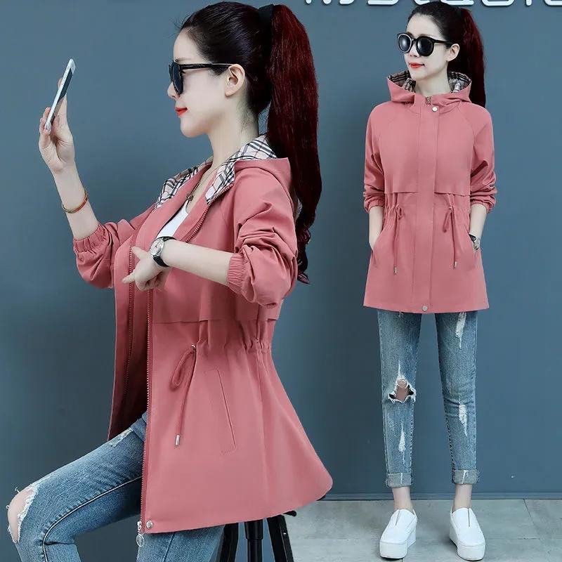 Women's Jacket Trench Coat Korean Spring Autumn Loose Long Sleeve Short Coats Female Windbreaker Hooded Outerwear Tops