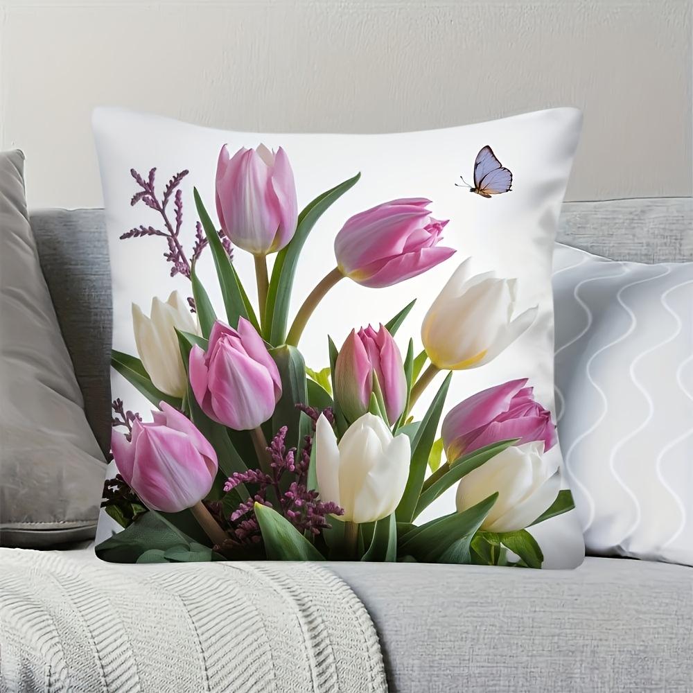 Pink White Tulip Flower Pillow Cover Spring Floral Butterfly Print Soft Throw Pillow Case For Home Sofa Bedroom Decor Gift