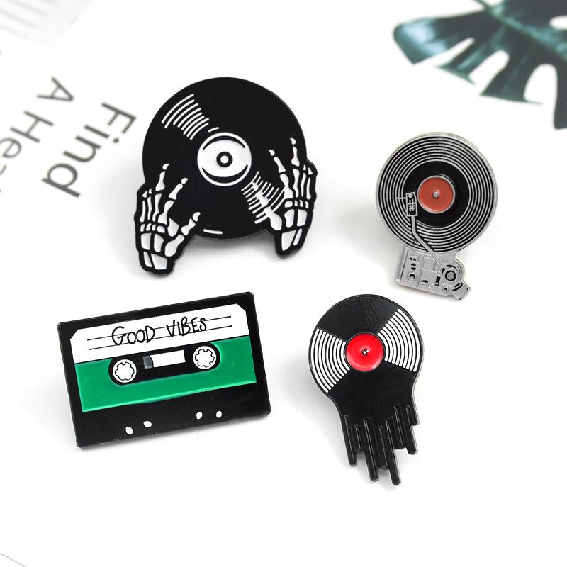 Retro Cassette Tape & Vinyl Record Skull Hand Enamel Pin Brooch