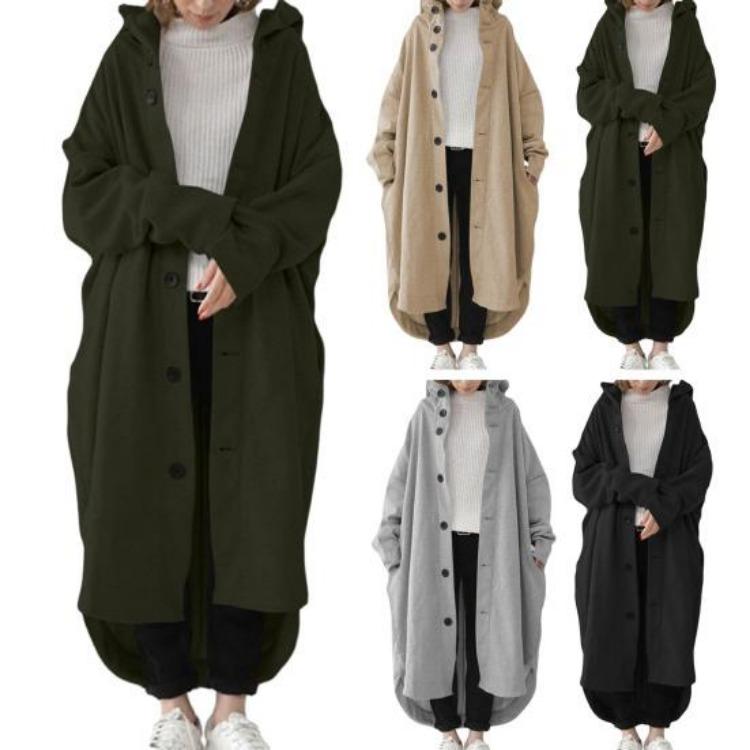 Winter Women Long Sleeve Trench Coat Ankle Length Hooded Single Breasted Thick Pockets Solid Color Irregular Hem Casual Outdoor Jacket