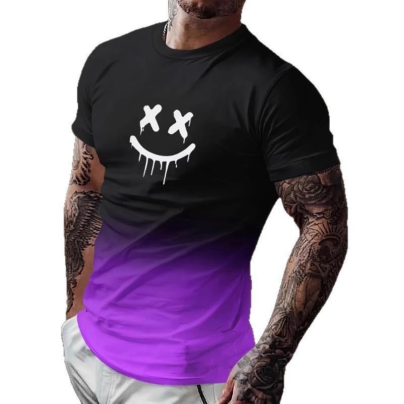 Men's Summer Leisure Fashionable Comfortable 3D Gradient Color Printed T-shirt- Soft Medium Stretch Polyester Fabric Summer Mens Relaxed Fit Clothing