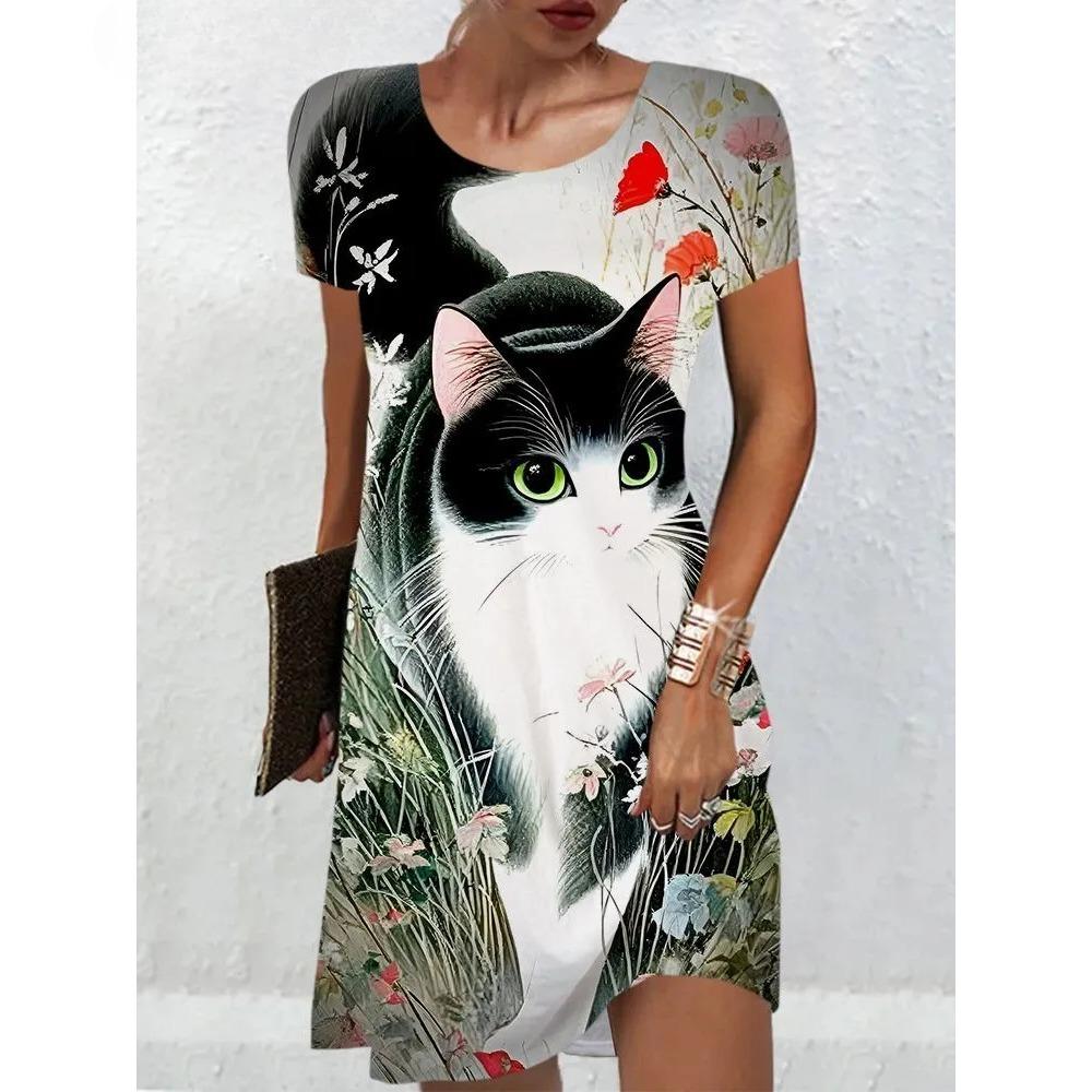 Cute Animal 3D Printed Ladies Elegant Casual Short Sleeve Dresses Fashion Plus Size Comfortable Soft Breathable Women Mini Dress
