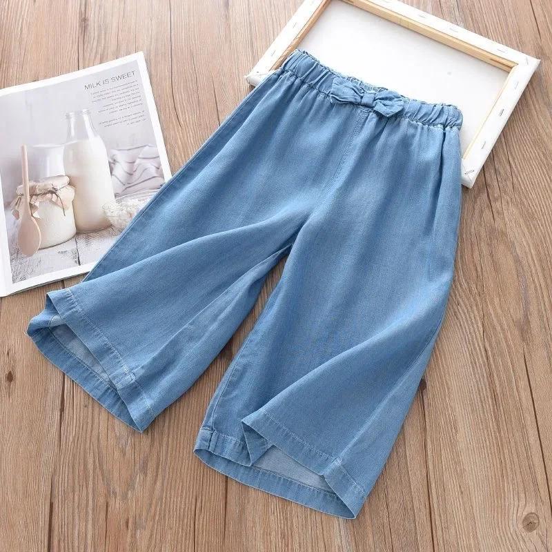Fashion Children Wide Leg Pants Summer Casual Thin Chiffon Cropped Trousers For Teenager Girls Clothes 2 4 6 8 10 Years