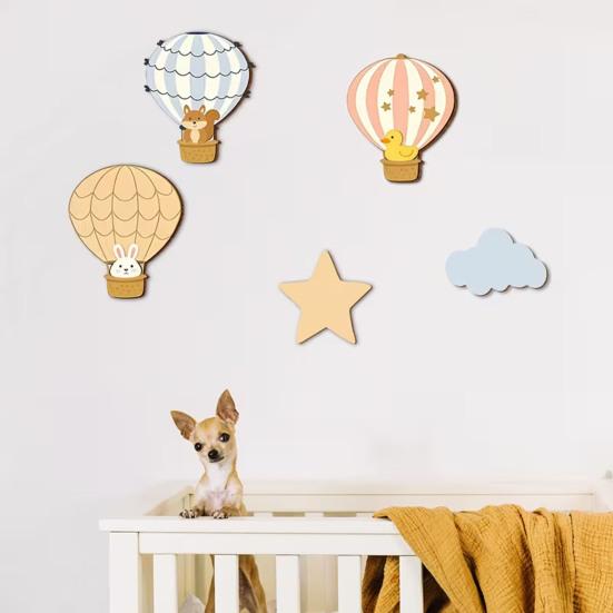 5 Pcs Wooden Star Cloud Hot Air Balloon Nursery Decor Boho Style Cartoon Animals Hot Air Balloon Wall Art for Kids Bedroom Classroom Playroom