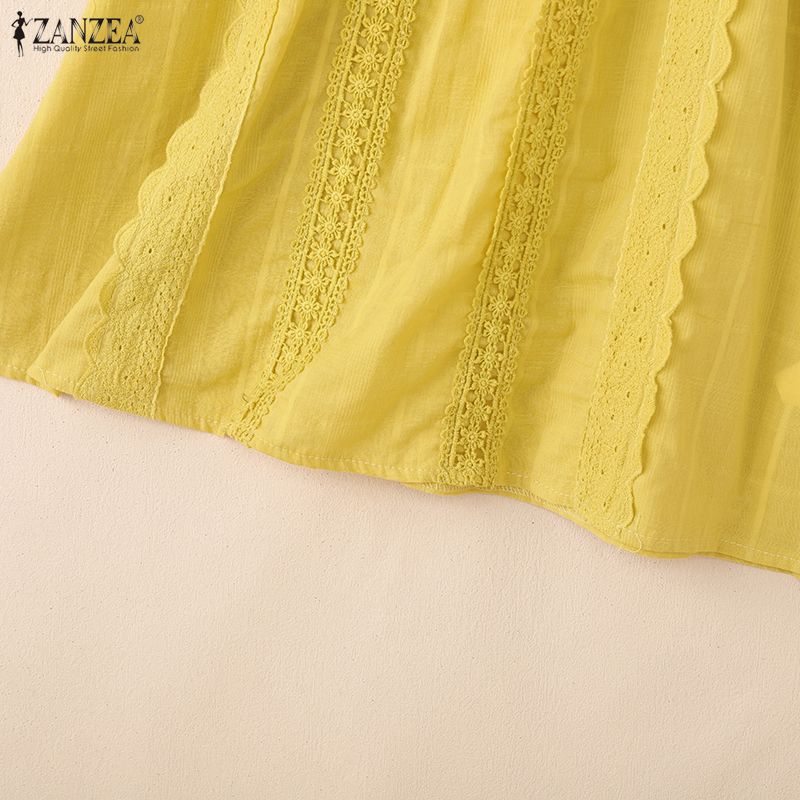 ZANZEA Sommer Damen Rundhals Kurzarm Spitze Häkeln Lässige Bluse