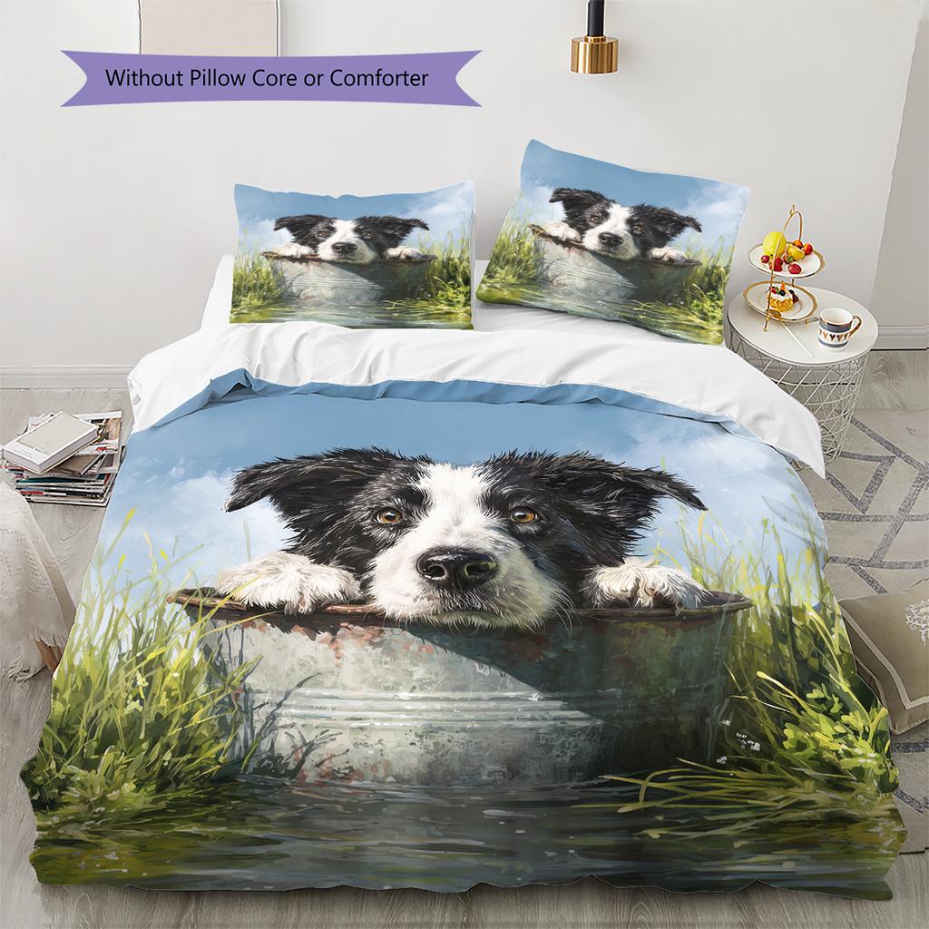 Border Collie and Grassland Pattern Bedding Home Decoration Birthday Gift (1 * Duvet Cover + 2 * Pillowcase, Without Core)