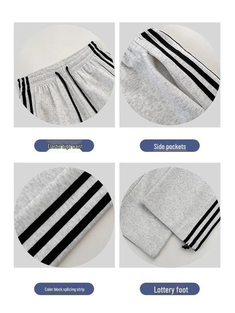 Women's White and Gray Wide-Leg Fleece Sweatpants with Three Stripes - Autumn/Winter Collection