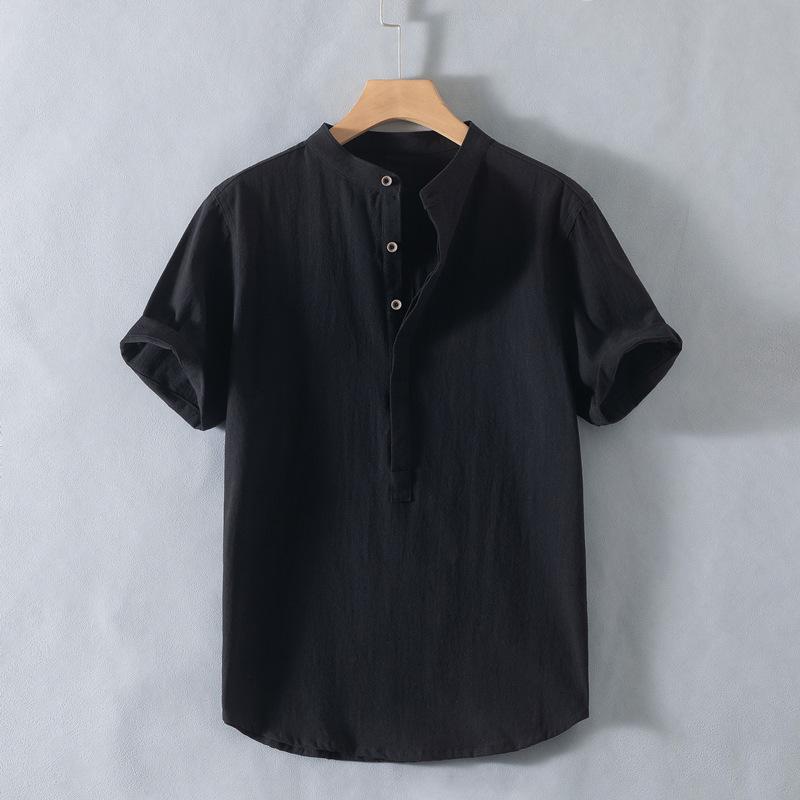 New Stand-up Collar Short-sleeved Cotton and Linen Shirt Men's Fresh Solid Color Loose Shirt