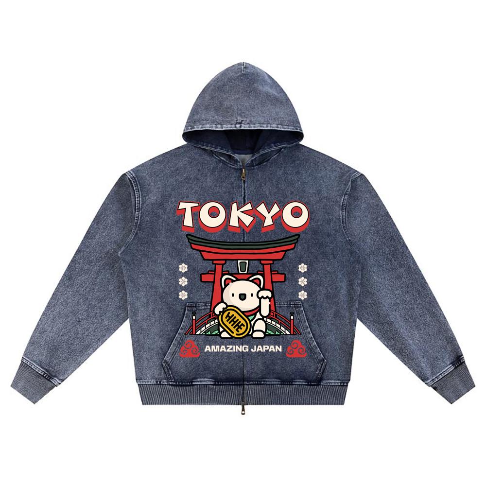 

Худи на молнии из вязаного денима с DTG-принтом, Япония, Самурай, Брат, Толстовки на молнии XL темно-синий