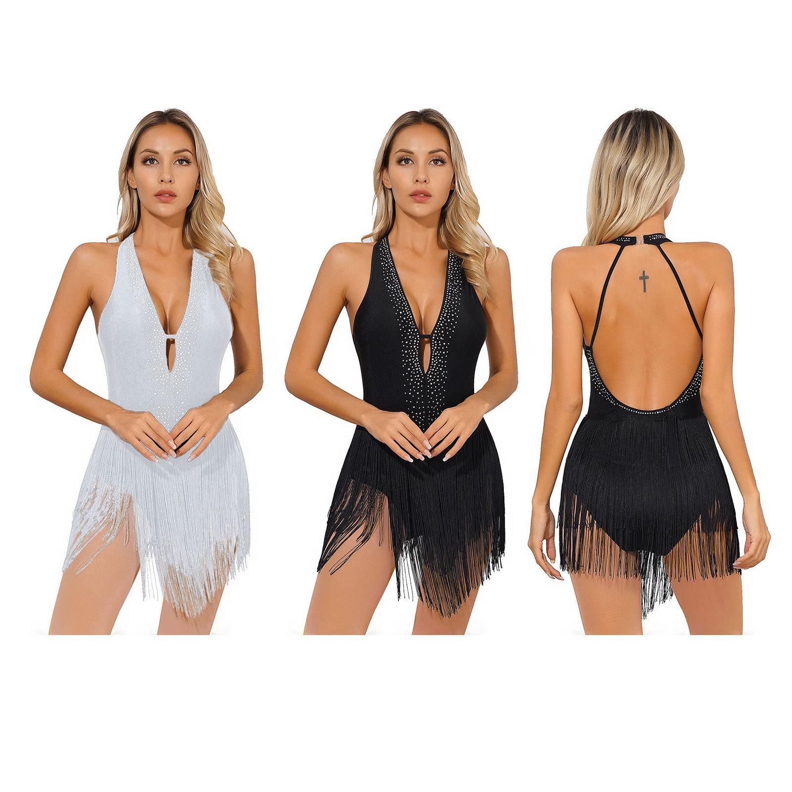 

Жіноче трико-боді з бахромою з блискучими стразами та китицями для латиноамериканського джазу для бальних танців S чорний