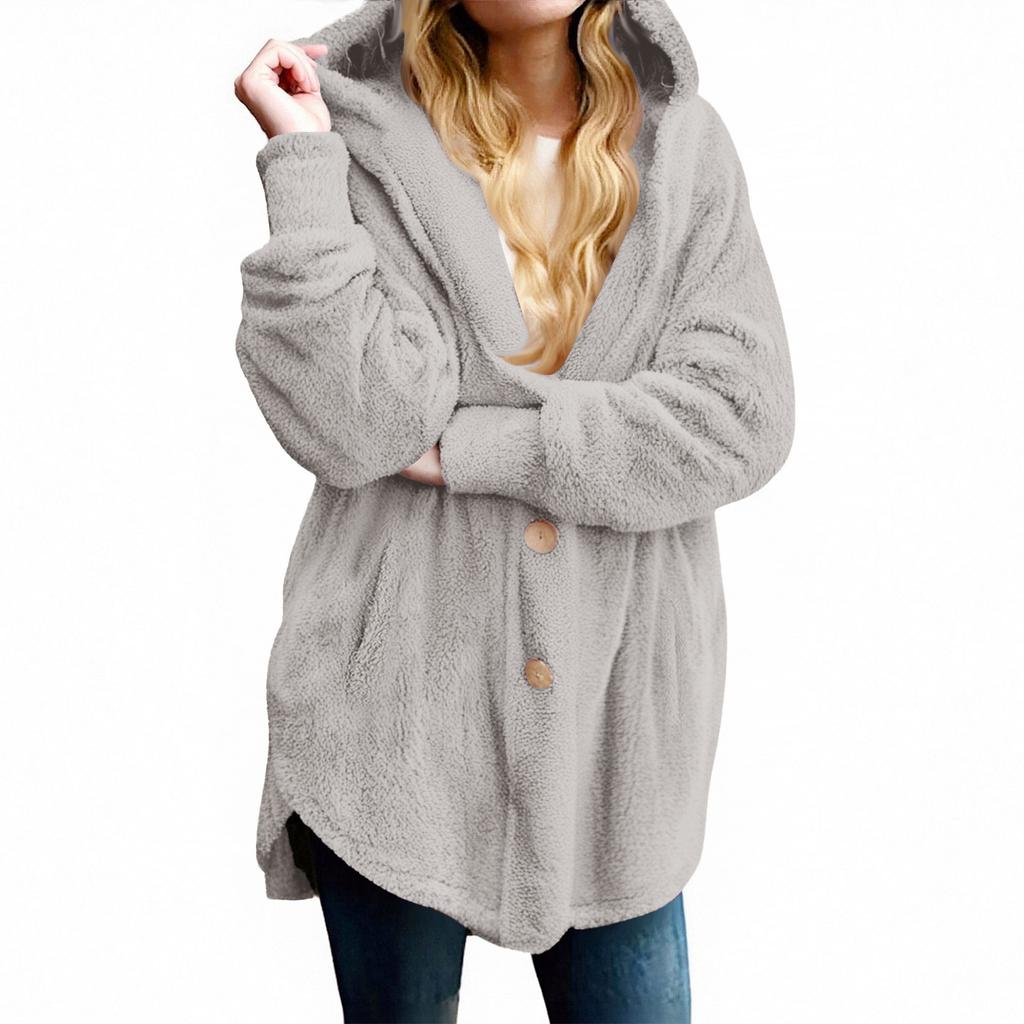 Women's Fashion Color Pocket Button Hooded Plush Coat