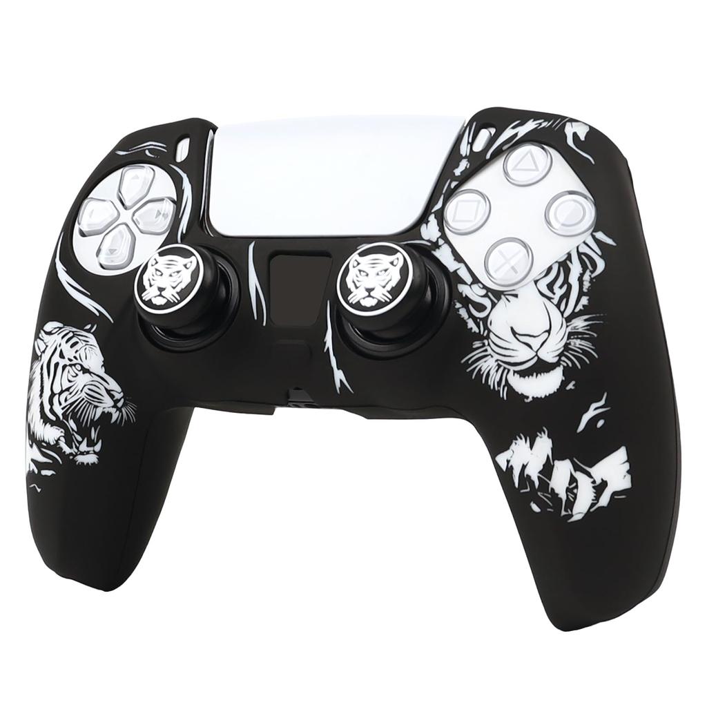 RALAN PS5 Controller DualSense Compatible with Silicone Joystick Perfect Ergonomic Design and White Caps, Anti-Slip, Black, Fit, (Black Tiger)