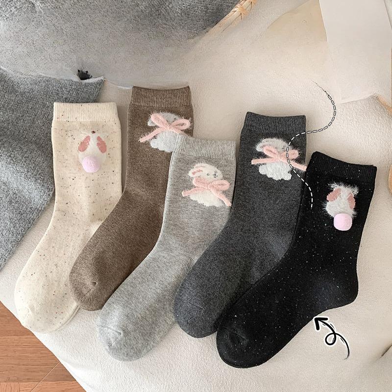 Little Rabbit Socks for Women's Spring and Autumn, Cotton-soled Mid-calf Socks, Cute Pile Socks, Sweet Three-dimensional Bow, Trendy