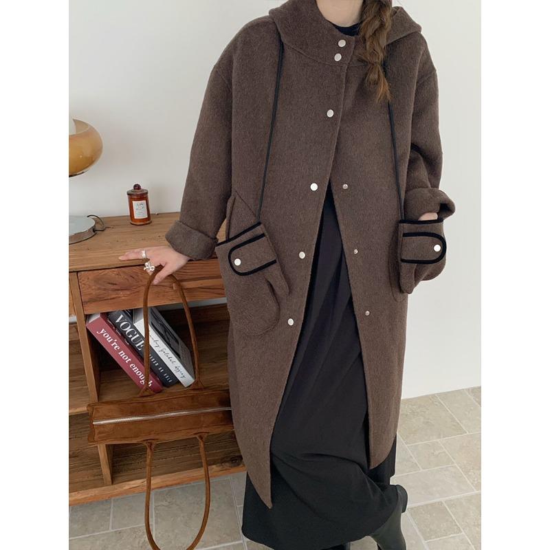 

Новое двухстороннее шерстяное пальто с капюшоном для женщин, длинный фасон с перчатками, свободное осенне-зимнее шерстяное пальто высокого качества M