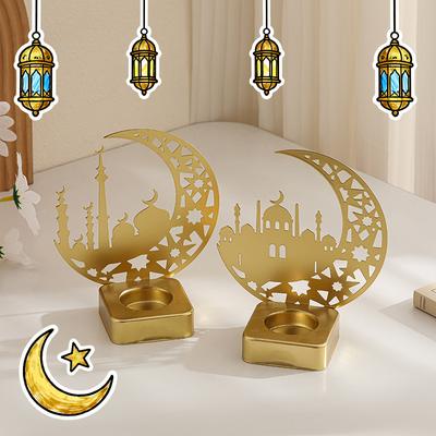 Candelabro de Ramadán, decoración para el hogar, portavelas de Eid Mubarak, adorno de mesa para fiestas de festivales musulmanes, luna creciente y estrella.