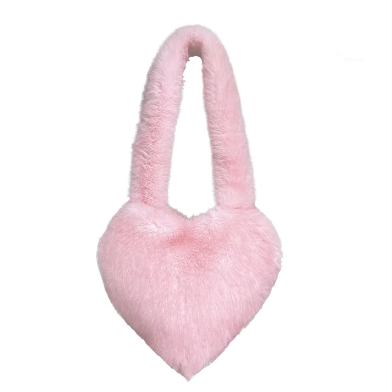 

Y2k Hot Girls Fluffy Shoulder Bags Love Heart Female Pink Plush Handbags Large Capacity Women s Faux Fur Crossbody Bag Tote