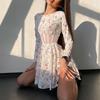 Women's Long Sleeved Summer Round Neck Floral Dress Sexy Mesh Hollow Out Short Skirt Hollow Out Patchwork Dress