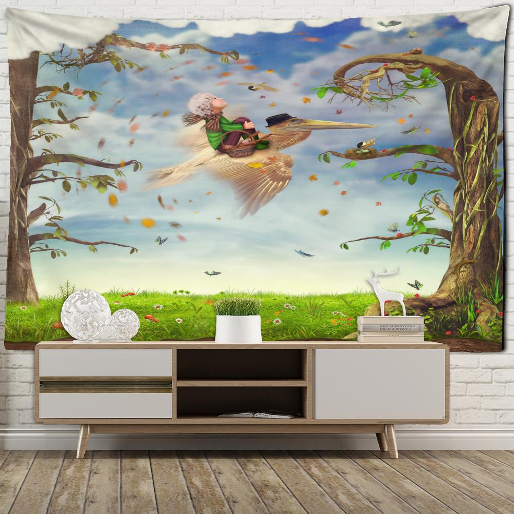 

Гобелен с изображением мальчика и тукана на стене, мультфильм Kawaii, детская комната, домашний декор, фоновая ткань 95x70cm