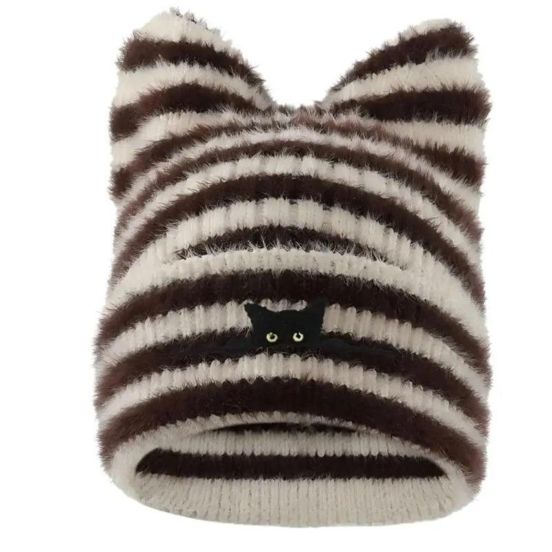Fashion Keep Warm Women Cat Ear Knitted Hat Windproof Cold Proof Pullover Hat Thickned Embroidered Hat Outdoor Sports