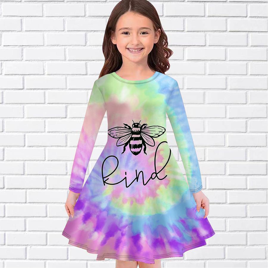 Girl Casual Little Bee Print Round Neck Long Sleeve Dress Kid Princess Dress