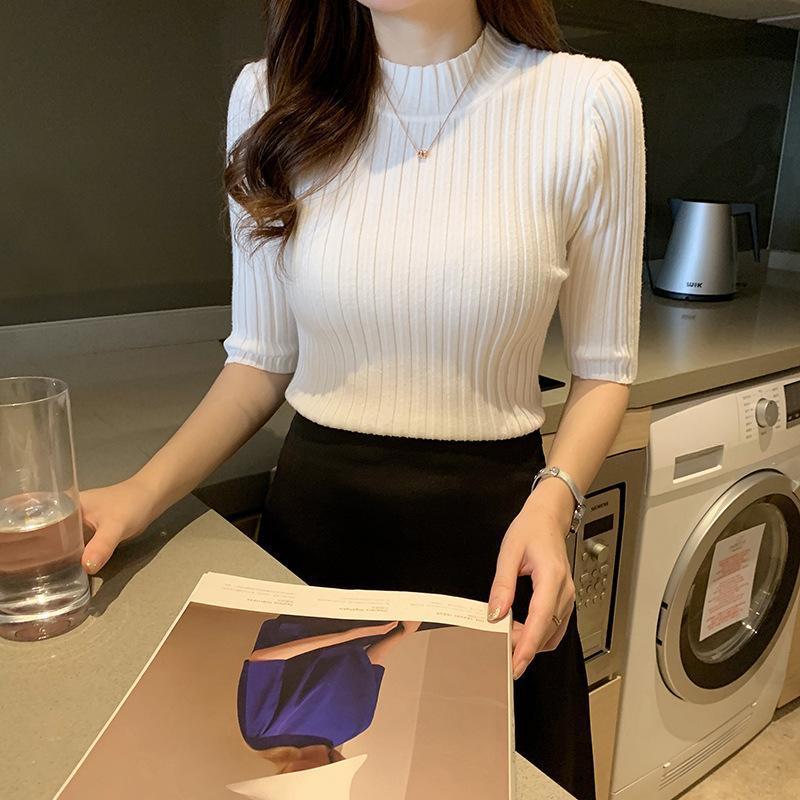 Slim Casual Base Knitted Shirts Women Pullover Half Sleeve Casual Sweater Blouses Women Solid Basic Tee Tops