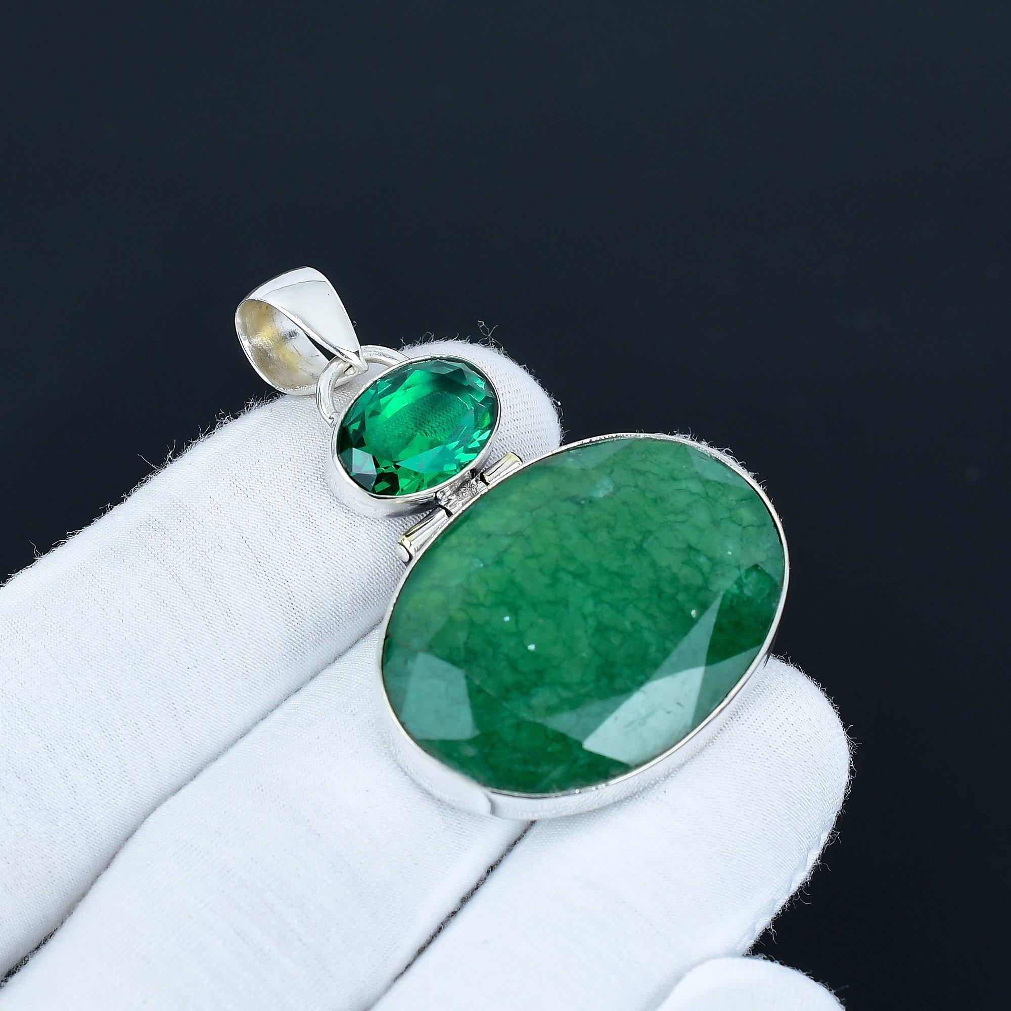 

Антикварный кулон с изумрудом, Ювелирные изделия из стерлингового серебра 925 пробы, Серебряный кулон, Ювелирные изделия для повседневной носки, Кулон для ожерелья для подарков на день рождения 6.5 Cm зелёный