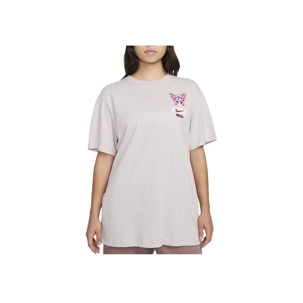 Nike Sportkleding Letterprint Ronde Hals Casual Vintage Korte Mouw T-shirt Dames Tops Grijs Paars FQ8874-019