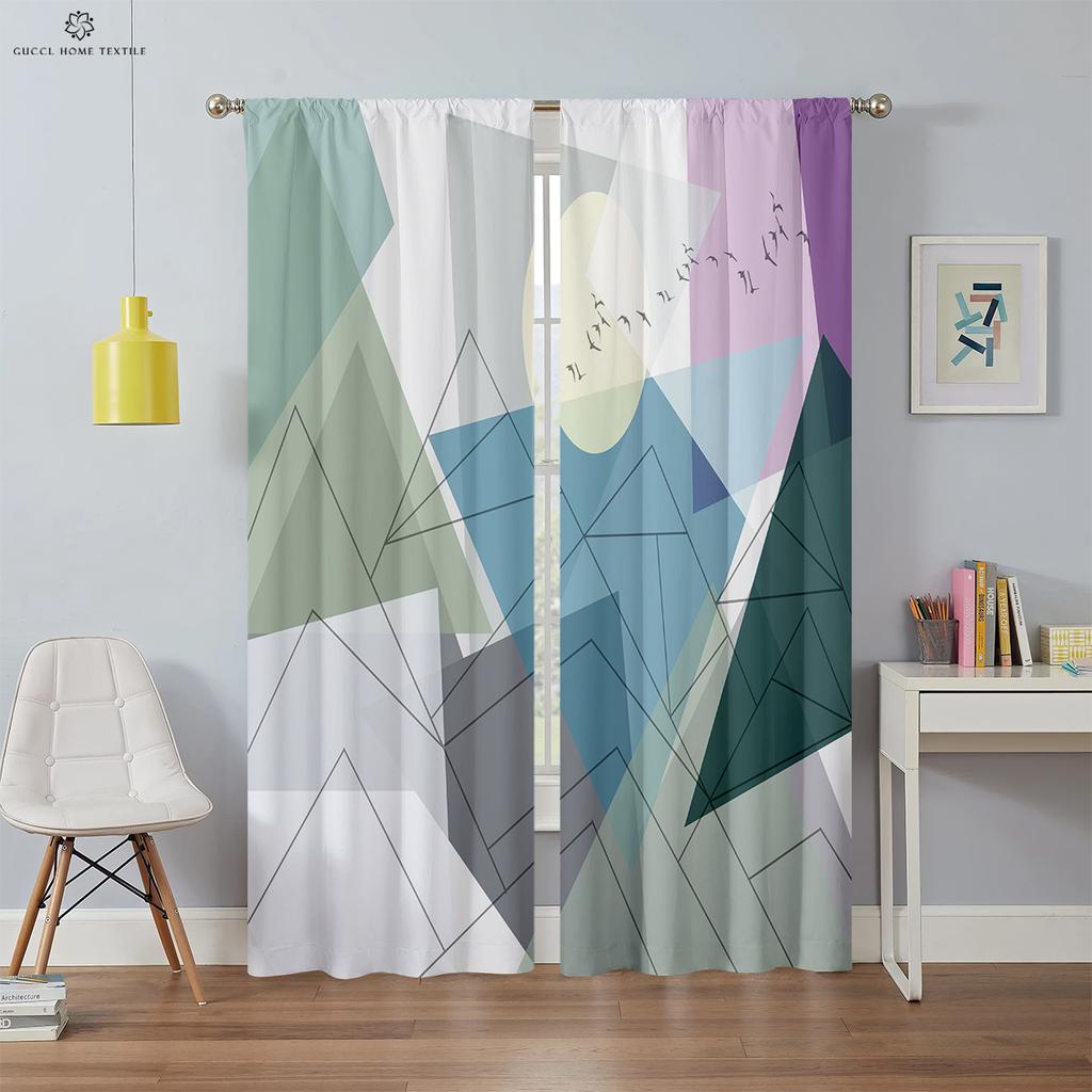 Moderne Tende Geometriche Semplici Stampate in 3D, Tenda per Finestra, Passante per Asta, Camera da Letto, Soggiorno, Cucina, Decorazione Domestica, 2 PEZZI