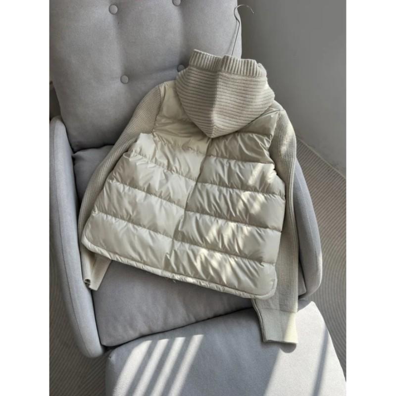 Women Autumn Winter Knitted Patchwork White Duck Down Jacket Ladies Drawstring Hooded Warm Puffer Coat
